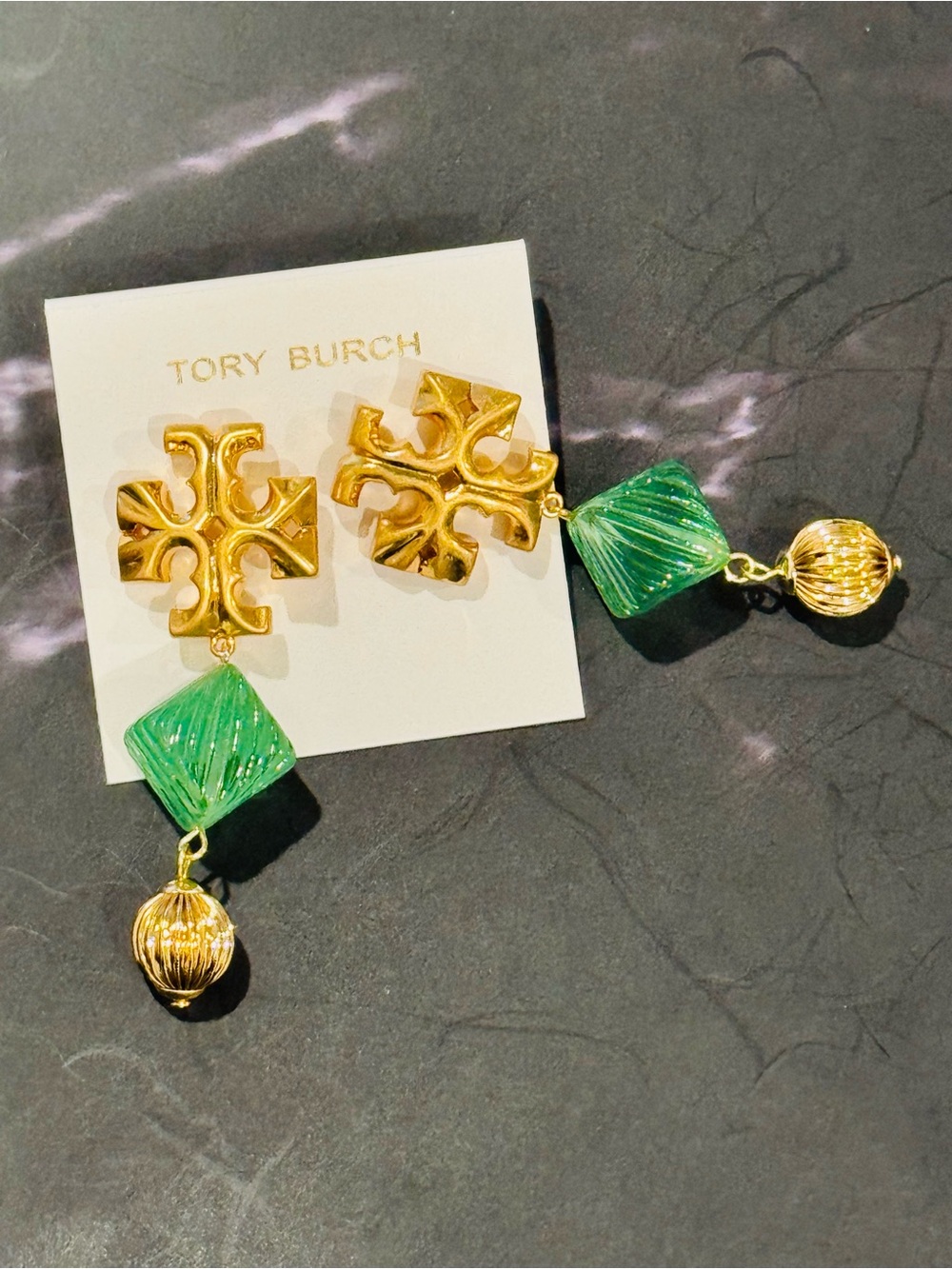Tory Burch Gold & Green Resin Double T Logo Drop Dangle Statement Earrings NWT